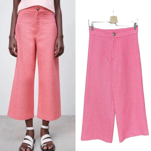 Zara Pants Cropped Fit Tweed Textured Wide Leg Trousers Pink Size Small - Picture 1 of 11
